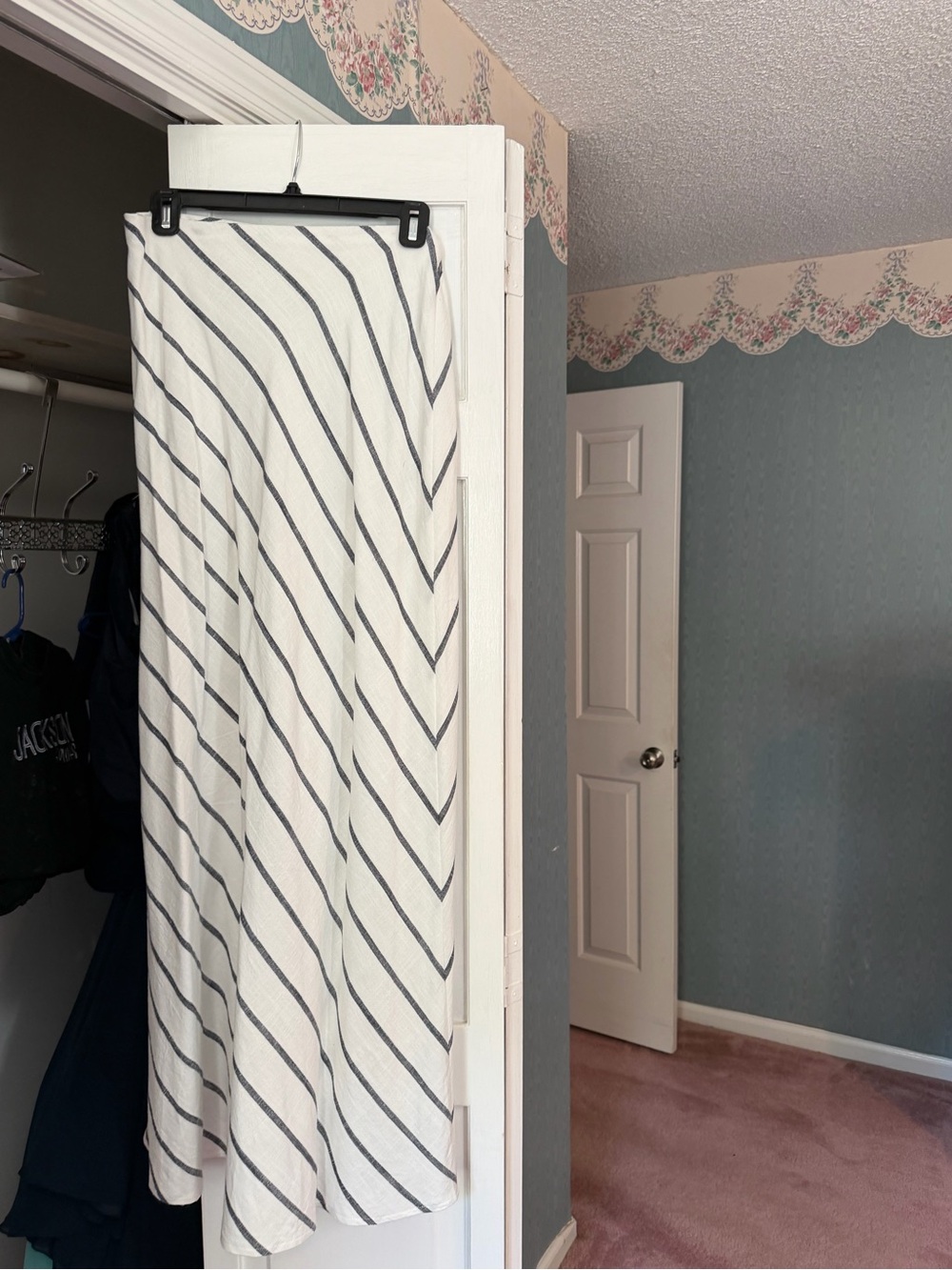 Striped White and Gray A-Line Midi Skirt